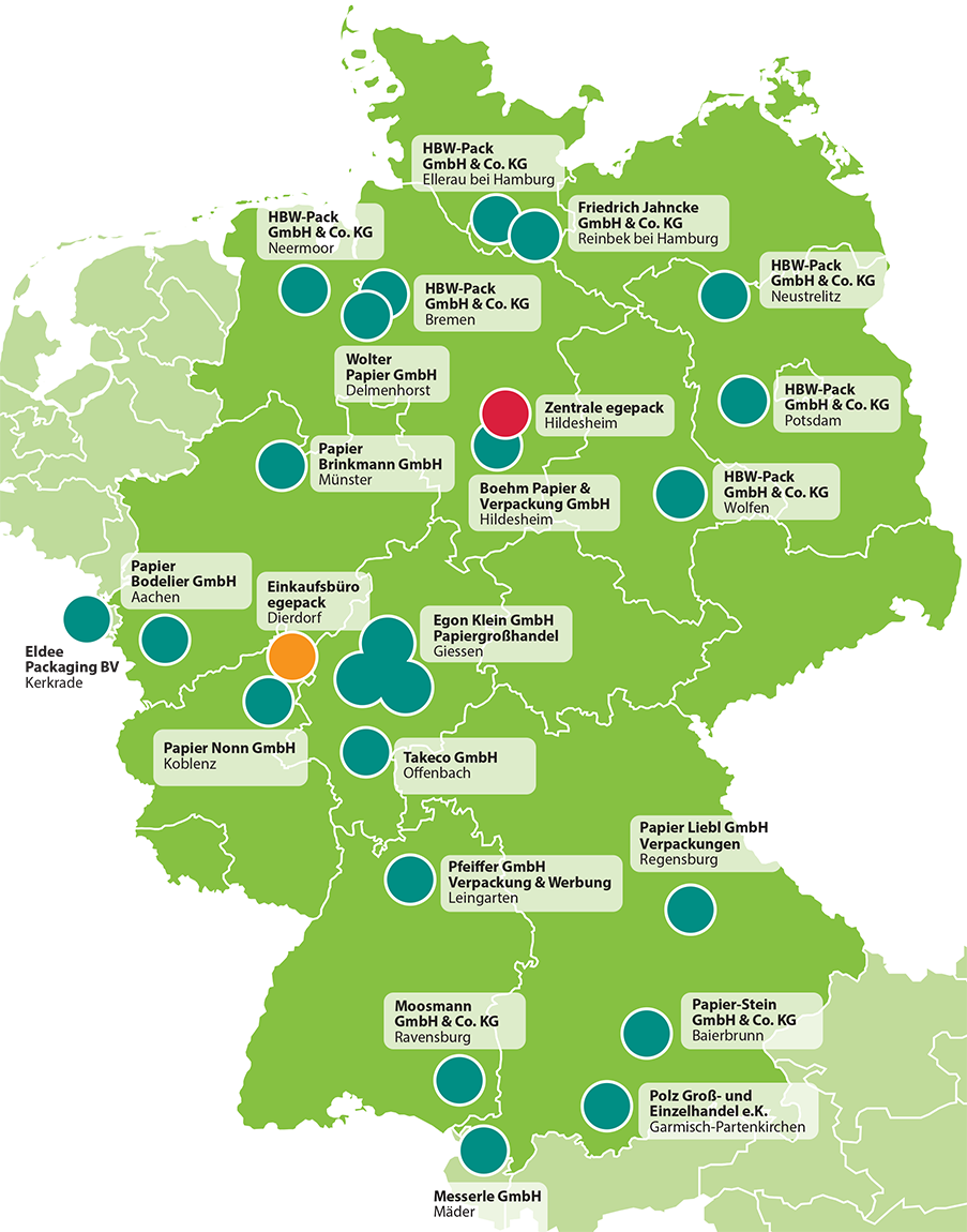 egepack Partner Deutschlandkarte mit allen egepack Partnern in und um Deutschland